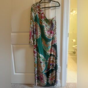 Anthropologie One-Shoulder Green Floral & Bird Maxi Dress